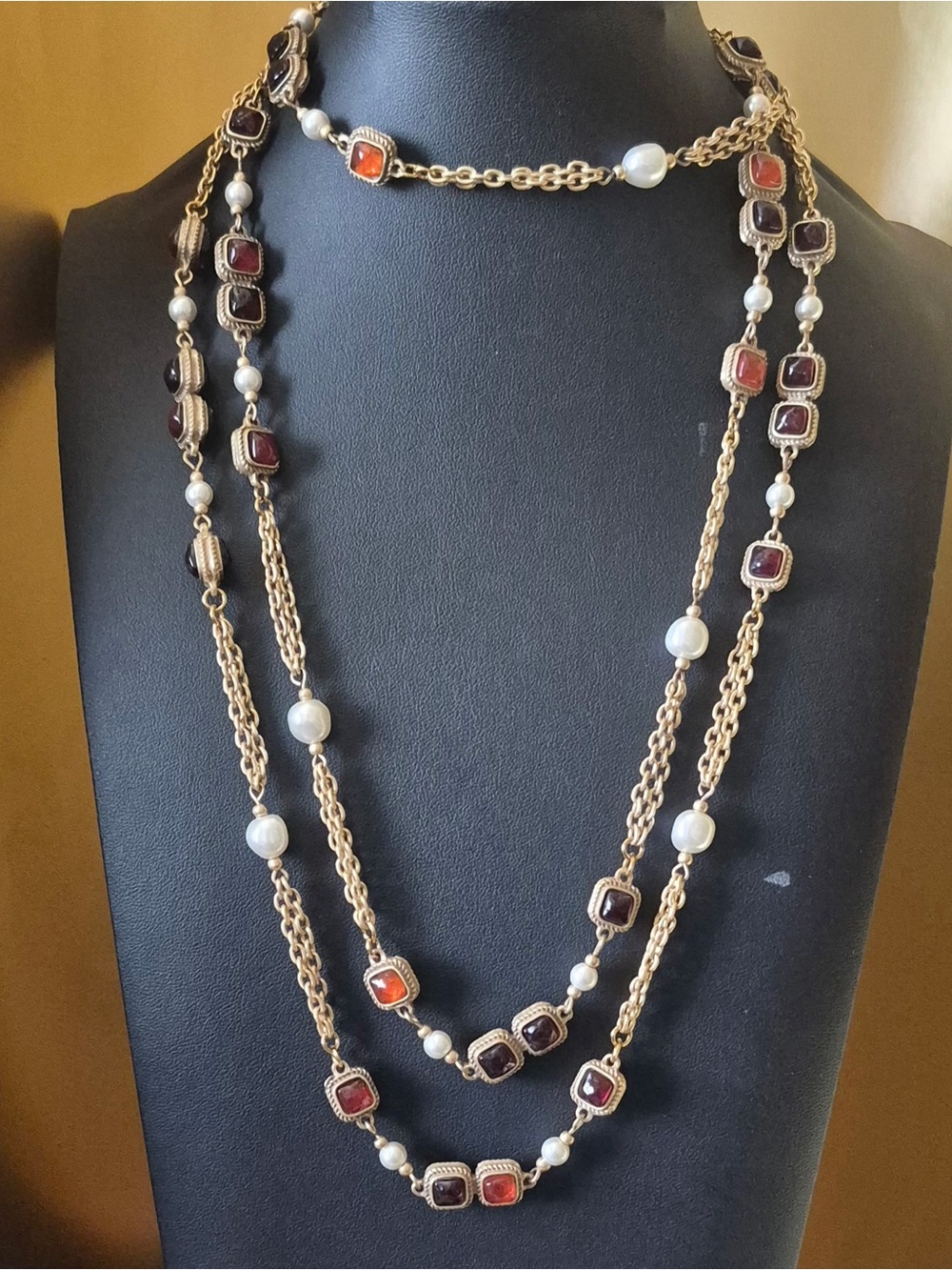 Catwalk Jon Gold-Tone Necklace with Amber Color and Pearl Accents Signed